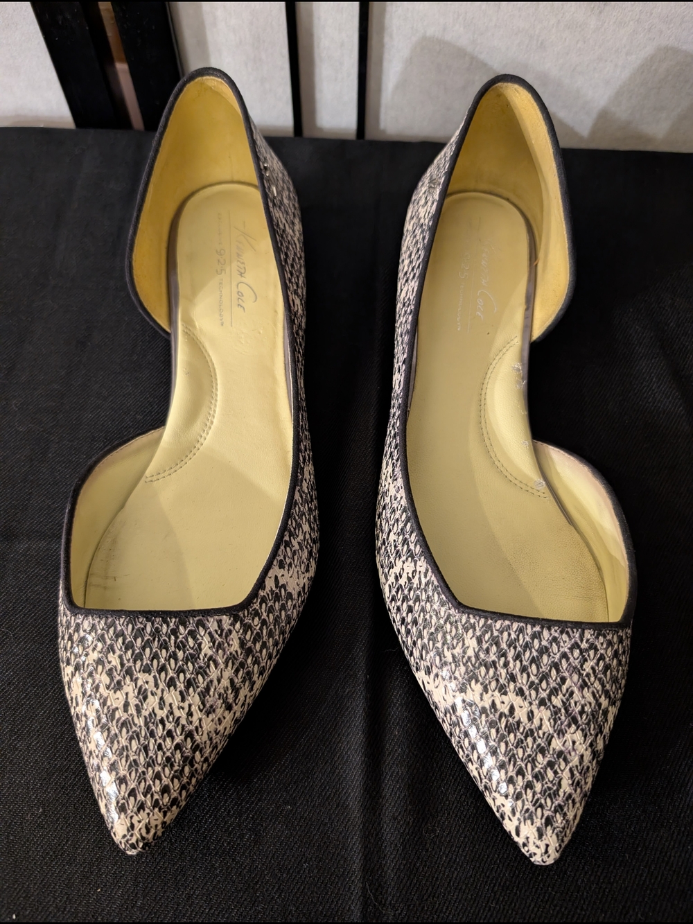 Kenneth Cole Pointed D'Orsay Flats in Black and Cream Snake-Print